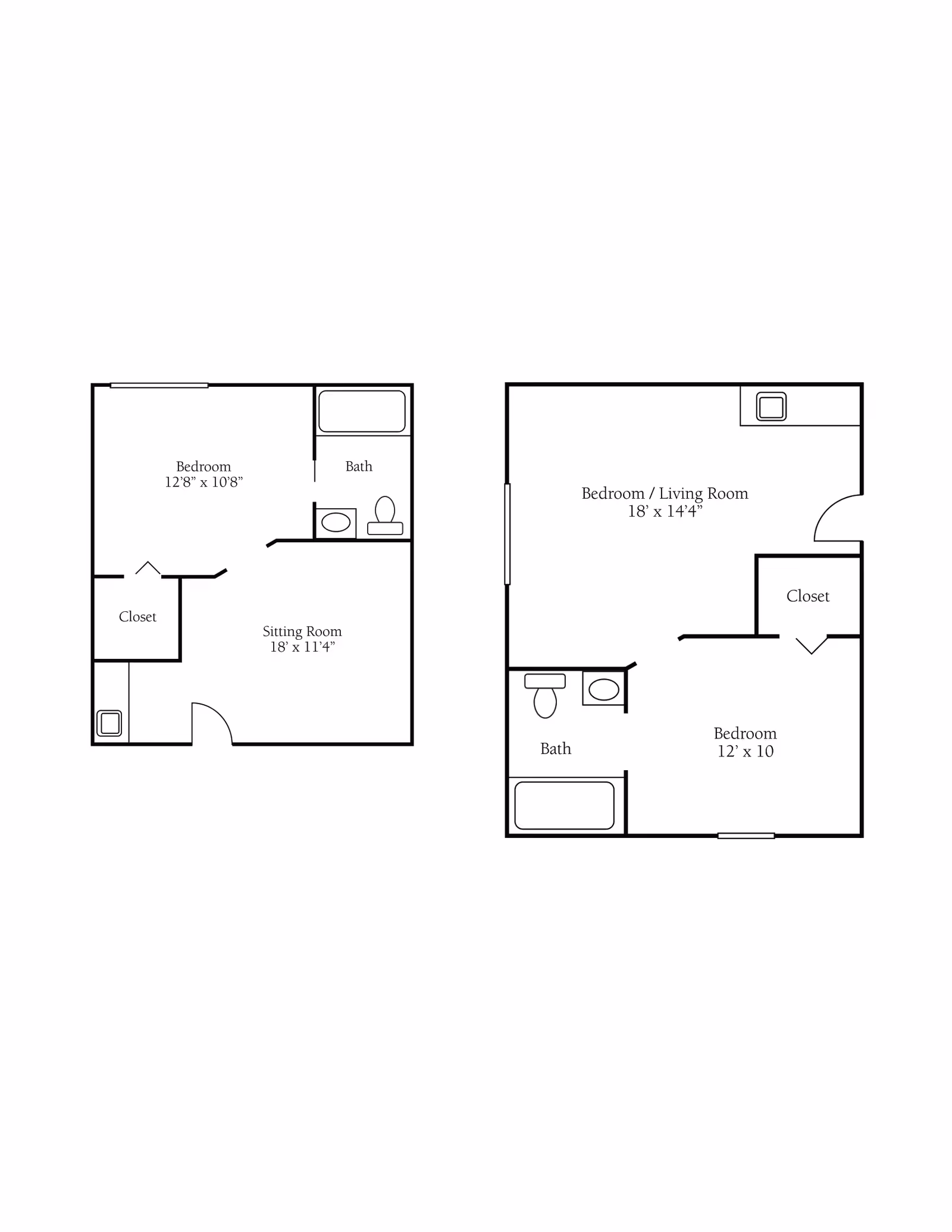 Black-and-white schematic floor plan showing two apartment layouts with labeled bedrooms, sitting/living rooms, closets, and bathrooms.