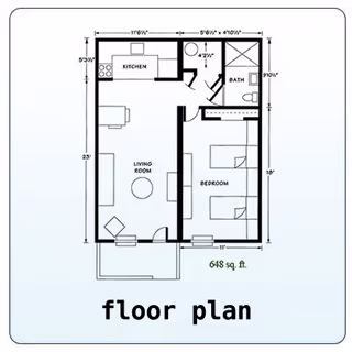 Black-and-white one-bedroom apartment floor plan showing a living room, bedroom, kitchen, bathroom, dimensions and the label 'floor plan' with '648 sq. ft.'