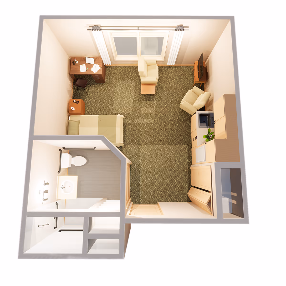 Top-down rendered floor plan of a studio memory-care apartment showing a bed, bathroom, kitchenette, seating area, desk, and closet.