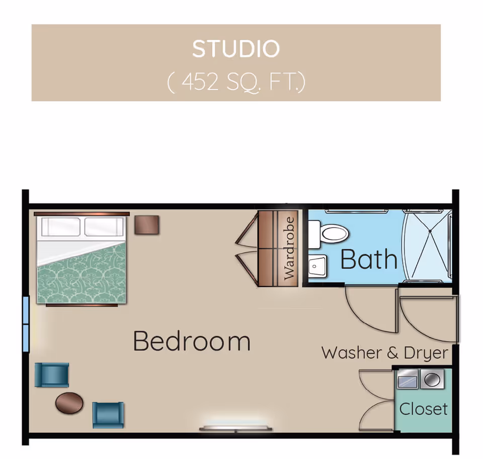 Floor plan of a studio apartment measuring 452 square feet, featuring a bedroom area with a bed, two chairs, and a small table, a wardrobe, a bathroom with a toilet and shower, a washer and dryer area, and a closet.