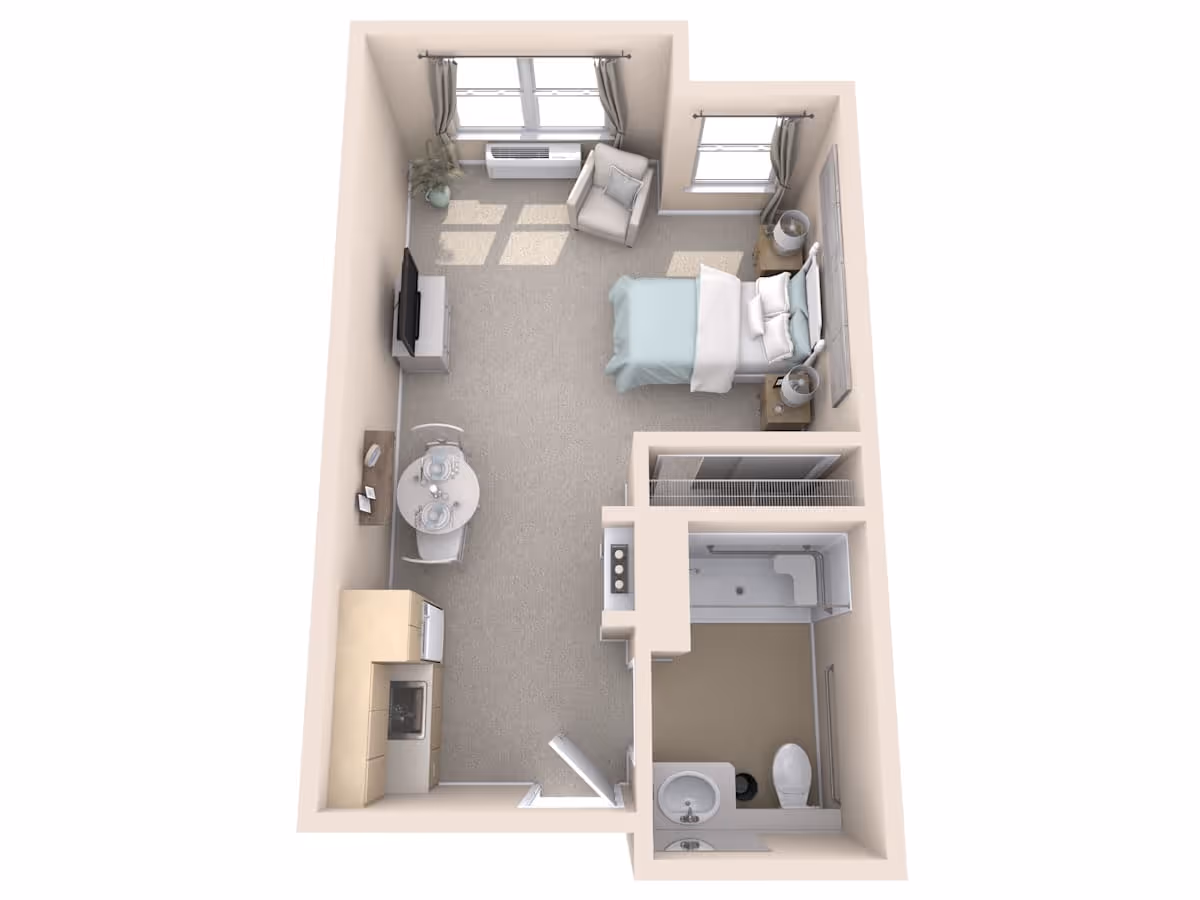 3D floor plan of a senior living studio apartment featuring a combined living and sleeping area with a bed, armchair, TV, and small dining table. The apartment includes a kitchenette with cabinets and appliances, and a separate bathroom with a shower, toilet, and sink.