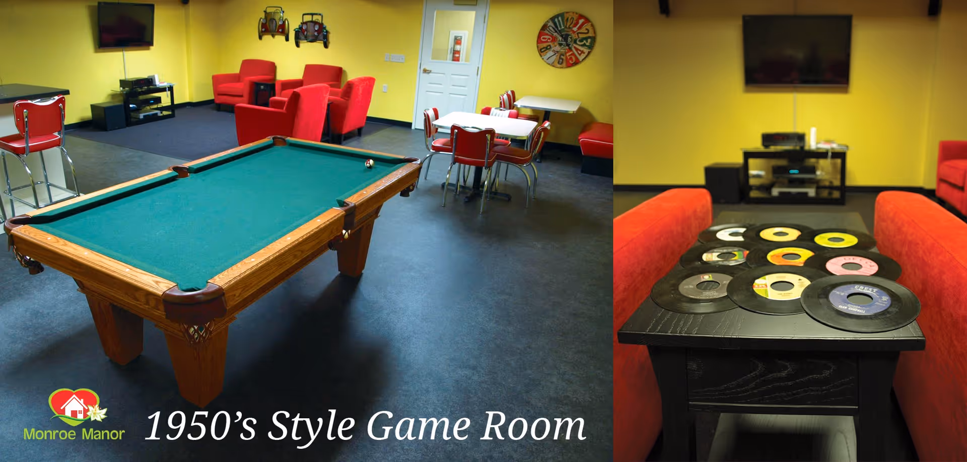 A 1950s-style game room with a pool table, red chairs and couches, a TV, and a side table topped with vinyl records.