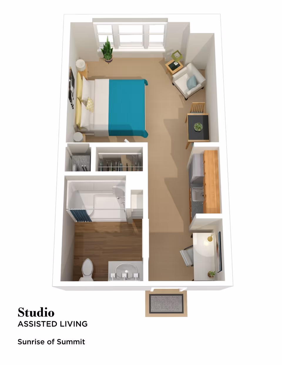 3D floor plan of a studio assisted living apartment at Sunrise of Summit showing a combined living and sleeping area with a bed, armchair, side table, desk, and kitchenette. There is a separate bathroom with a toilet, sink, and shower. A closet is located near the bathroom.