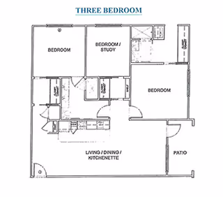 Architectural floor plan of a three-bedroom unit at The Village at Southlake, showing labeled rooms including two bedrooms, one bedroom/study, living/dining/kitchenette area, closets, bathrooms, and a patio.
