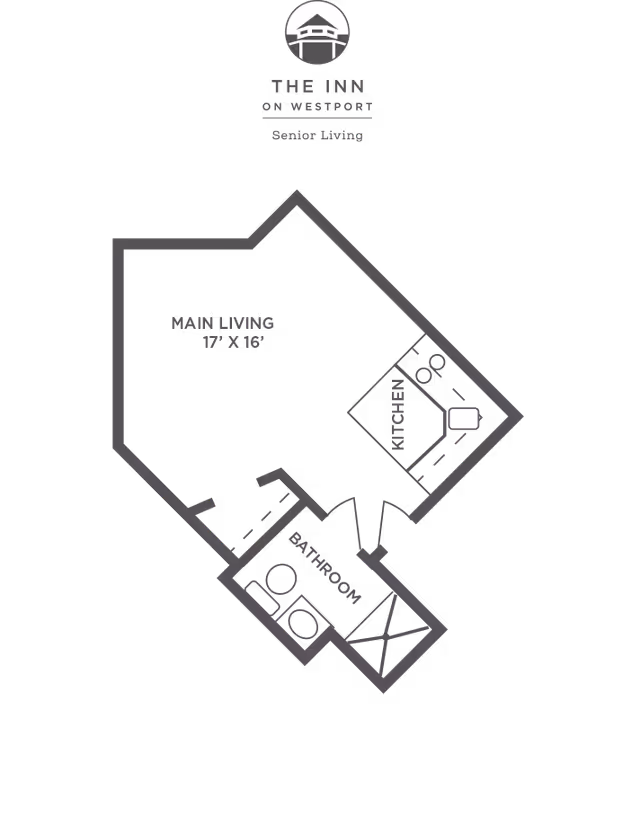 Floor plan of a senior living unit at The Inn on Westport showing a main living area measuring 17 feet by 16 feet, a kitchen, and a bathroom.