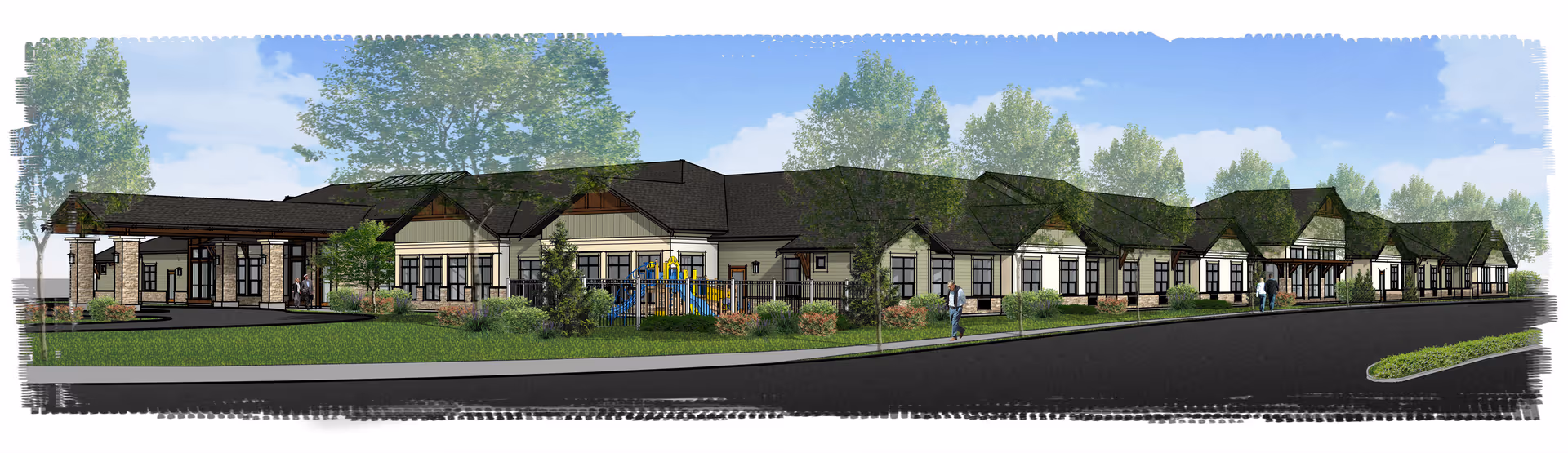 Architectural rendering of a single-story memory care community building with a covered entrance, multiple windows, landscaped greenery, and a playground area, viewed from the street.