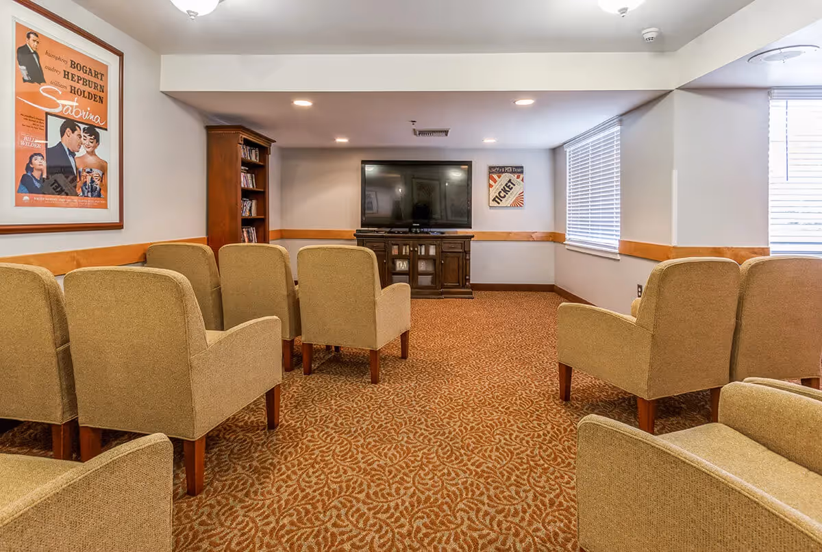 A cozy media room with beige upholstered armchairs arranged in rows facing a large flat-screen TV on a wooden cabinet. The room has patterned carpet flooring, light-colored walls with wooden trim, a bookshelf with DVDs, and two framed vintage movie posters on the walls. Two windows with blinds allow natural light into the room.