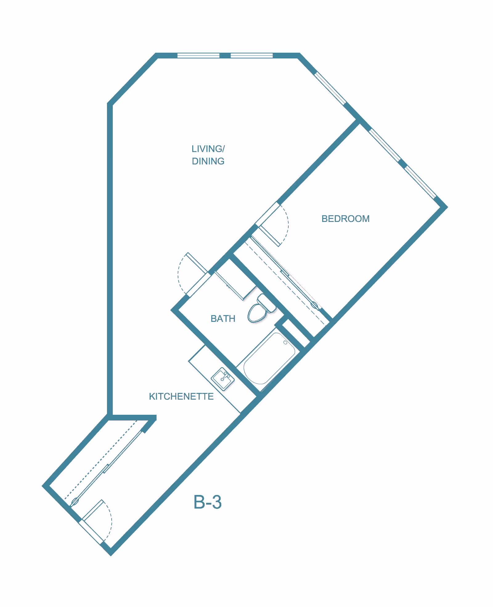Architectural floor plan of a one-bedroom apartment labeled B-3, showing a living/dining area, bedroom, bath with bathtub and toilet, and a kitchenette.