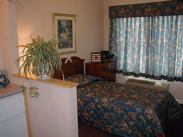 A small bedroom with a single bed covered in a floral patterned bedspread. There is a wooden headboard, a wooden dresser with a small decorative item on top, and a framed painting on the wall. A large potted plant sits on a half wall next to the bed. The window is covered with floral curtains, and there is an air conditioning unit below the window.