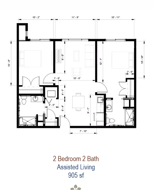 Top-down white-line floor plan on a black background showing a furnished 2-bedroom, 2-bath assisted living unit with dimensions and the label '2 Bedroom 2 Bath Assisted Living 905 sf'.