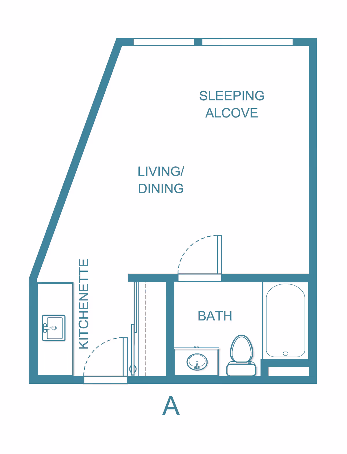 Floor plan layout of a studio apartment labeled 'A' showing a kitchenette, living/dining area, sleeping alcove, and a bathroom with a sink, toilet, and bathtub.