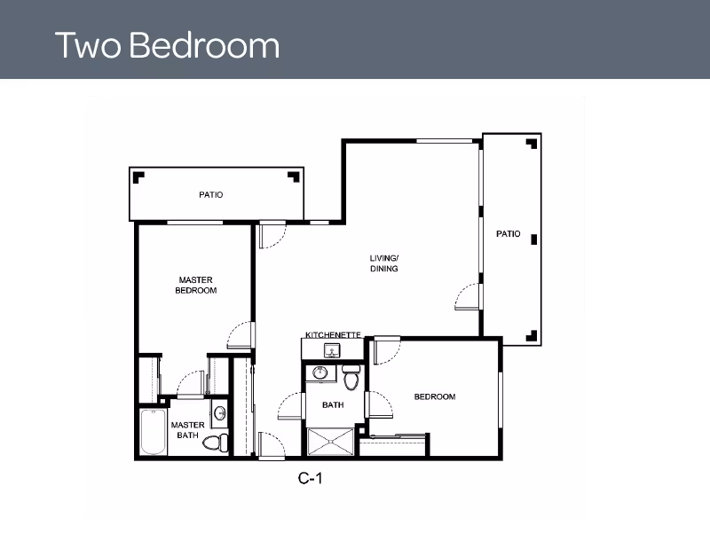 Black-and-white floor plan labeled "Two Bedroom" and C-1 showing a master bedroom with master bath, a second bedroom, living/dining area, kitchenette, bath, and two patios.