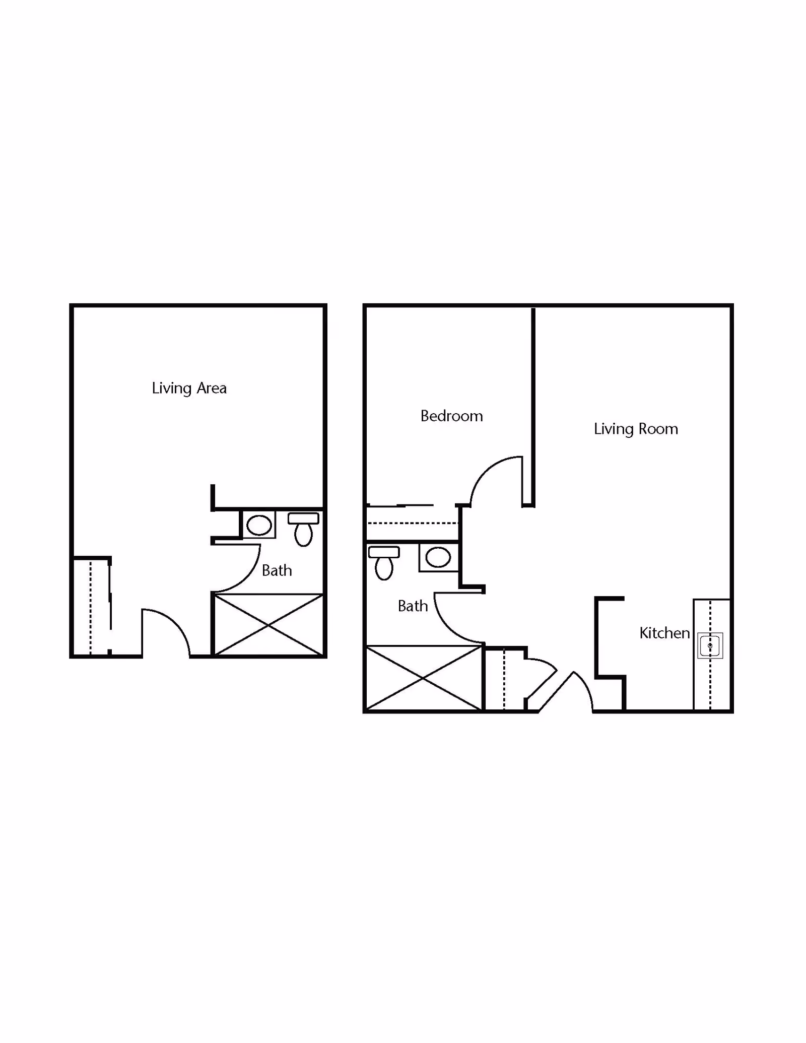 Architectural floor plan showing two layouts. The first layout includes a living area and a bathroom. The second layout includes a bedroom, living room, kitchen, and bathroom.