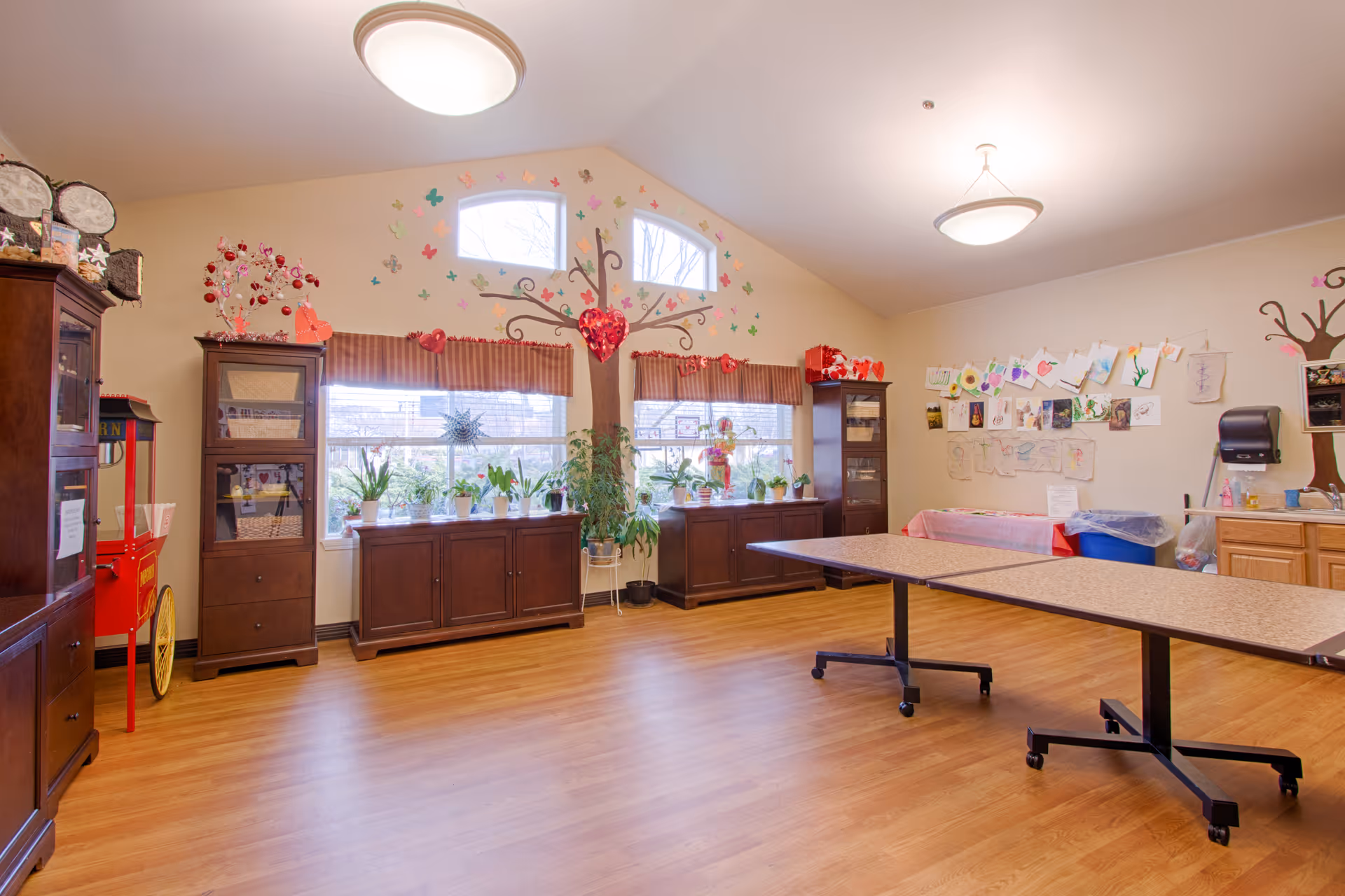 Bright multipurpose activity room with folding tables, cabinets, craft decorations and potted plants under windows.