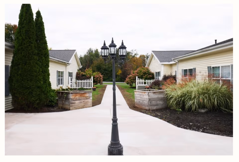 Central walkway between two single-story buildings with a decorative lamppost, raised planters and landscaping.