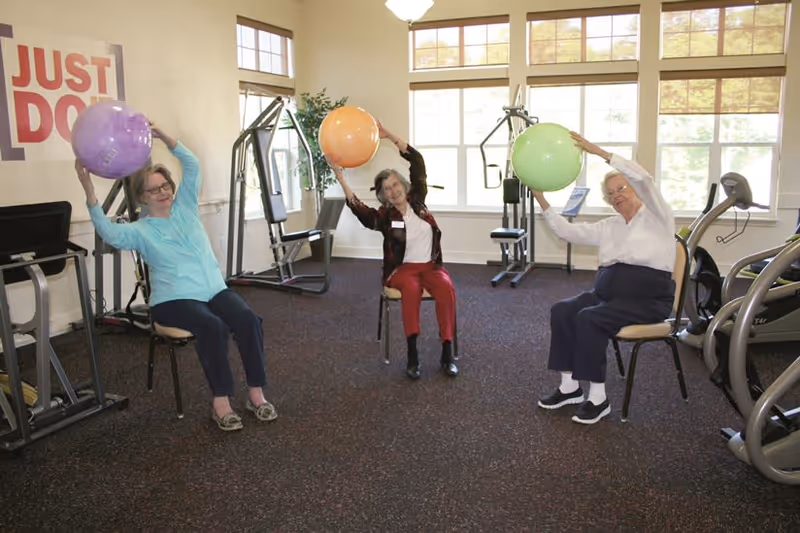 Three elderly women seated on chairs in a fitness room holding large exercise balls above their heads, surrounded by exercise equipment and large windows letting in natural light.