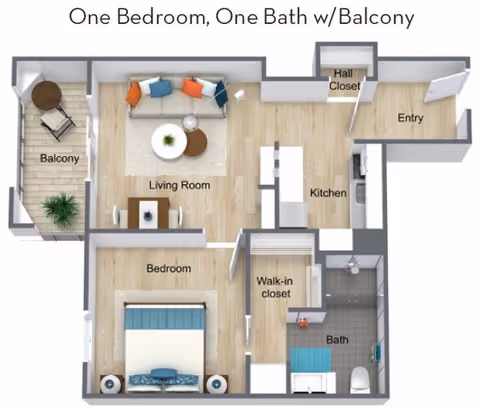 Floor plan of a one bedroom, one bathroom apartment with a balcony. The layout includes an entryway leading to a kitchen, a living room with a sofa and coffee table, a bedroom with a bed and nightstands, a walk-in closet, a bathroom with a shower, toilet, and sink, and a balcony with a small table and two chairs.