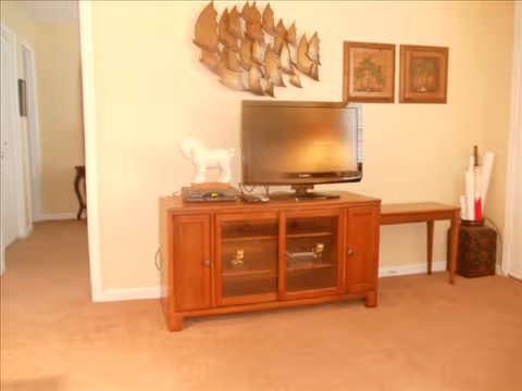 Living room with a TV on a wooden cabinet, wall art, and beige carpet.