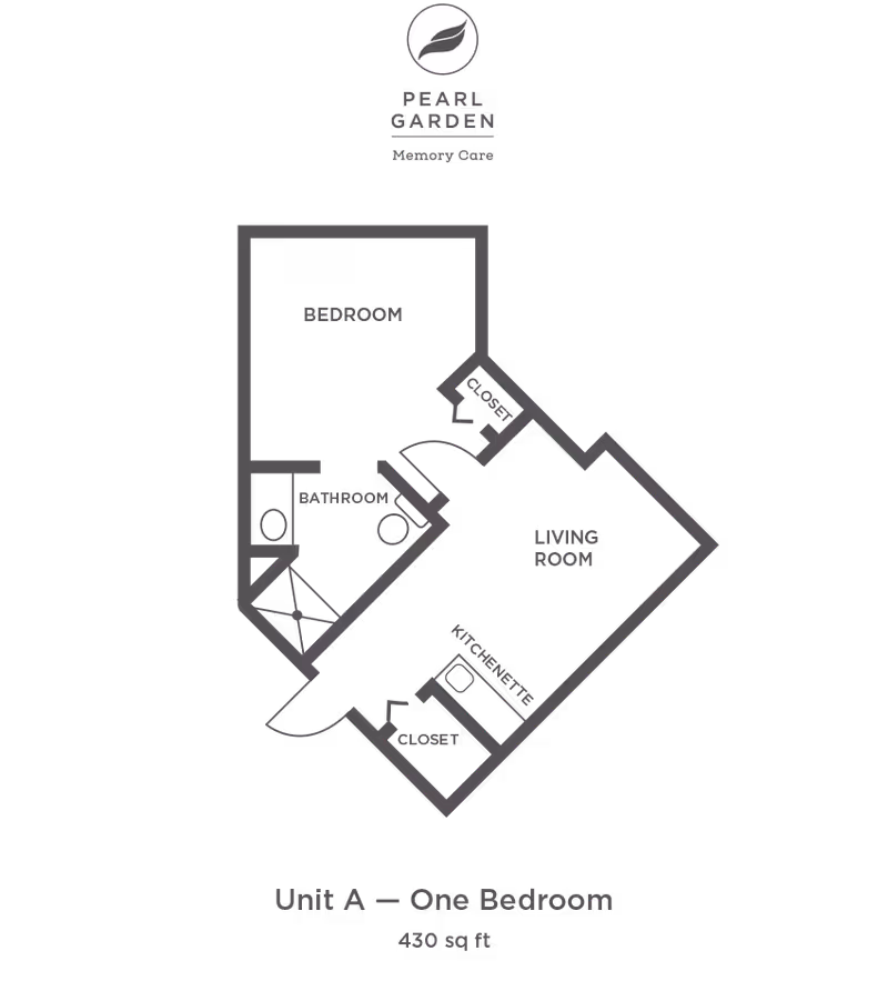 Monochrome floor plan graphic labeled "Unit A — One Bedroom, 430 sq ft" showing a bedroom, bathroom, living room, kitchenette, and closets.