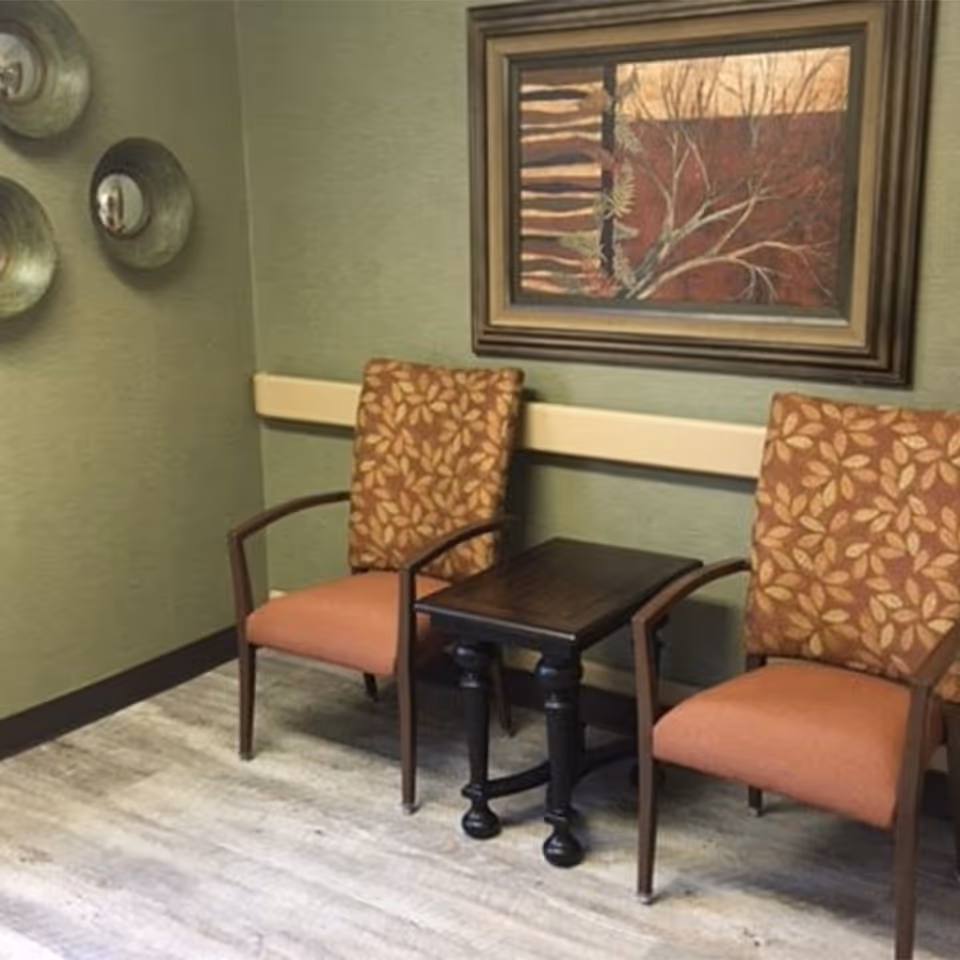 Two patterned armchairs flanking a small dark wooden table beneath a framed painting in a hallway seating area.