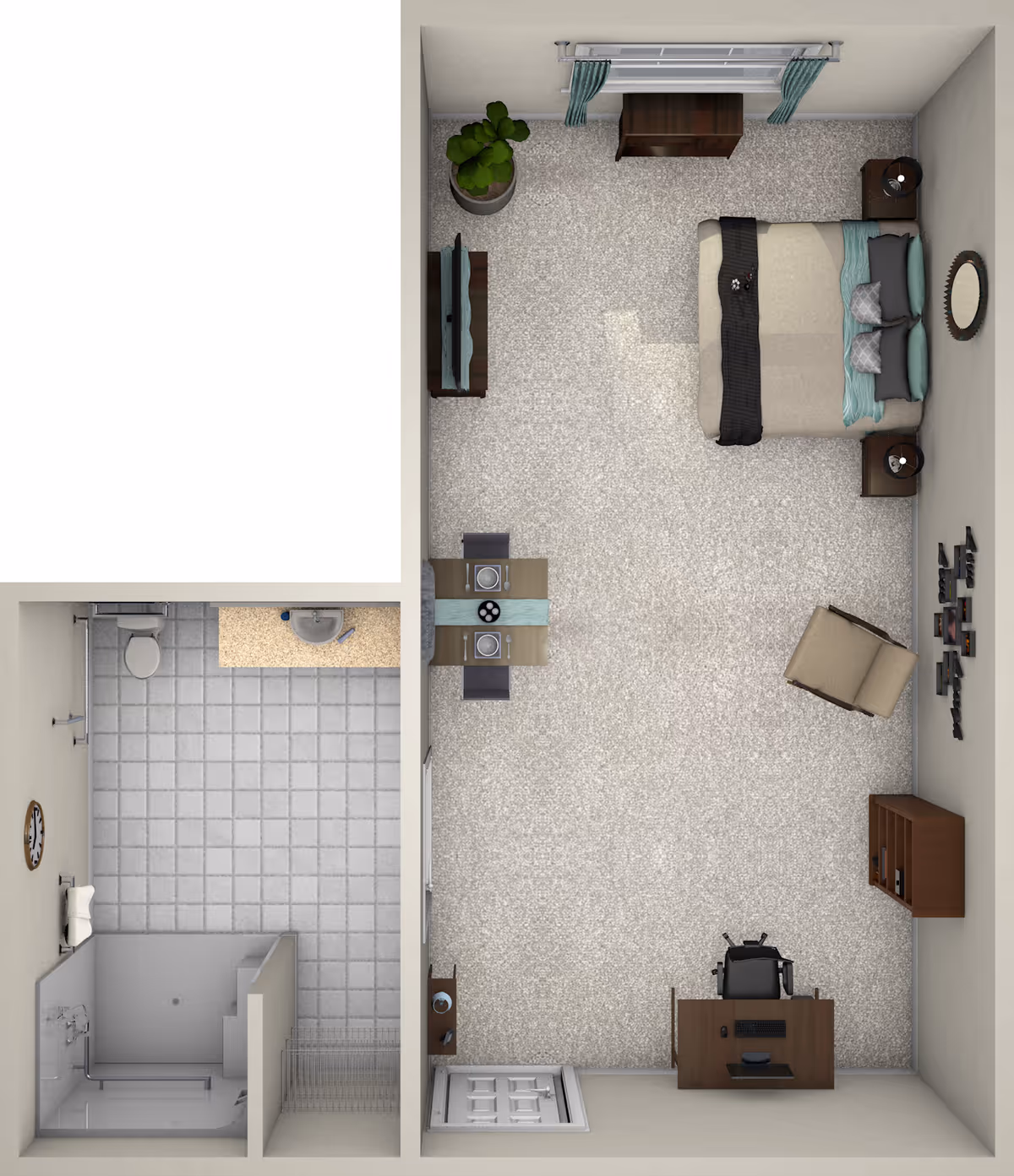 Top-down floor plan of a furnished studio apartment with a bed, seating area, desk, dining table, and an adjacent full bathroom.