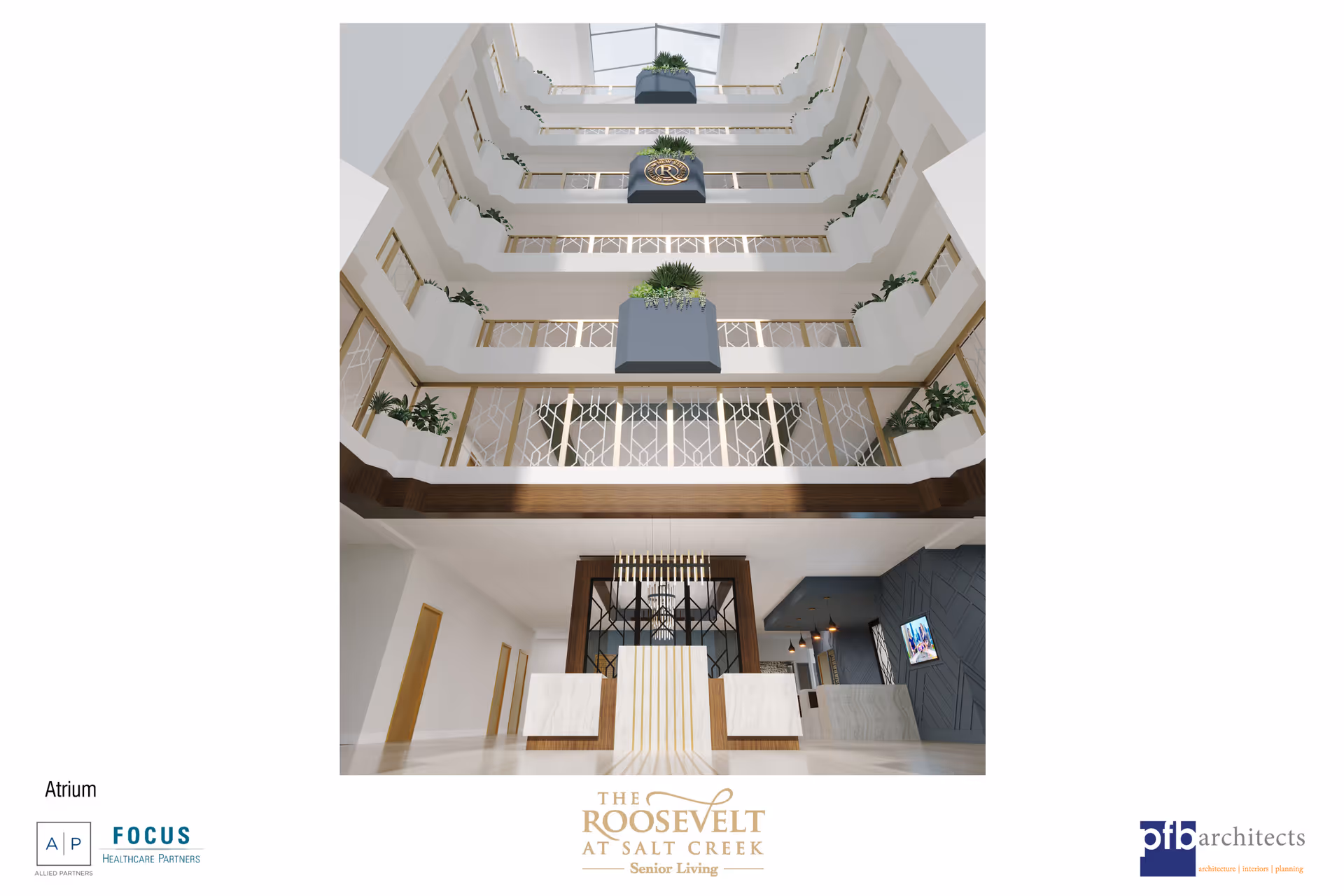 Interior view of a multi-story atrium in a senior living facility with balconies on each floor decorated with plants. The ground floor features a modern reception desk with marble and wood accents, and a seating area with a TV mounted on a dark textured wall.