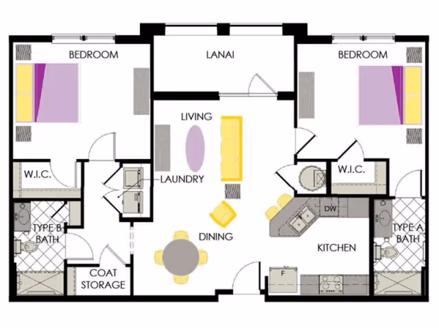Floor plan of a two-bedroom apartment at Arcadia Gardens, showing two bedrooms each with a walk-in closet, two bathrooms labeled Type A and Type B, a kitchen with appliances, a dining area with a round table and chairs, a living area with seating, a laundry area, a coat storage closet, and a lanai.