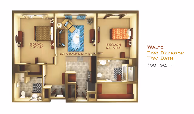 Floor plan of a two-bedroom, two-bath apartment named Waltz with a total area of 1081 square feet. The layout shows two bedrooms, a living room, kitchen, and two bathrooms.