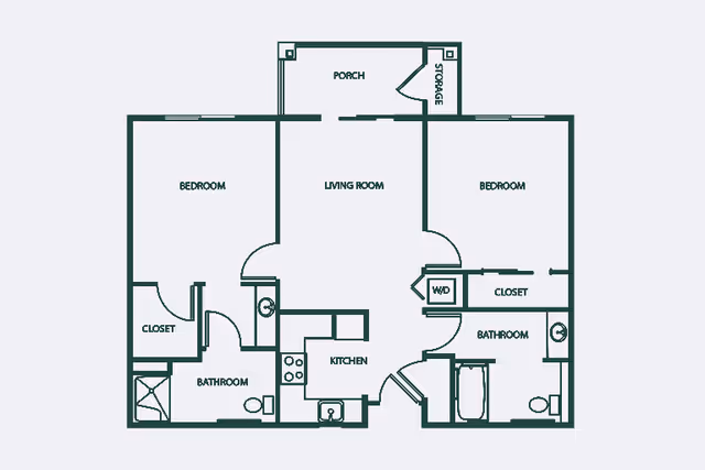 Architectural floor plan of a residential unit showing two bedrooms, two bathrooms, a kitchen, a living room, a porch with storage, closets, and a washer/dryer area.