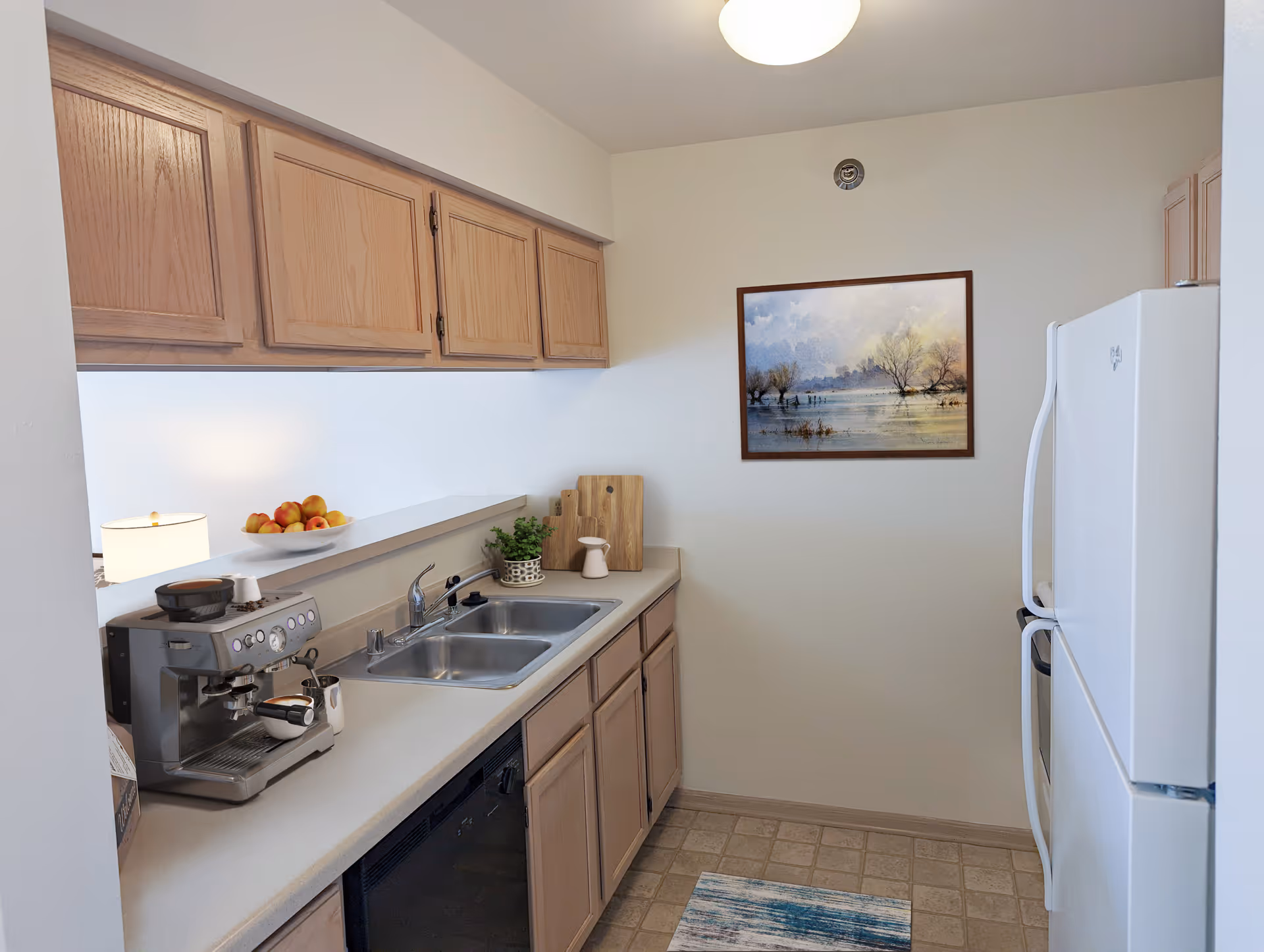 Small galley kitchen with light wood cabinets, a double sink, coffee machine, refrigerator and framed landscape painting on the wall.
