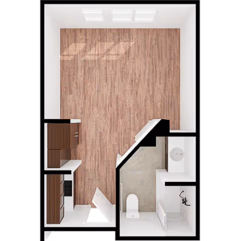 Top-down view of a small apartment floor plan showing a main living area with wood flooring, a kitchenette with cabinets and appliances on the left side, and a bathroom with a toilet, sink, and shower on the right side.