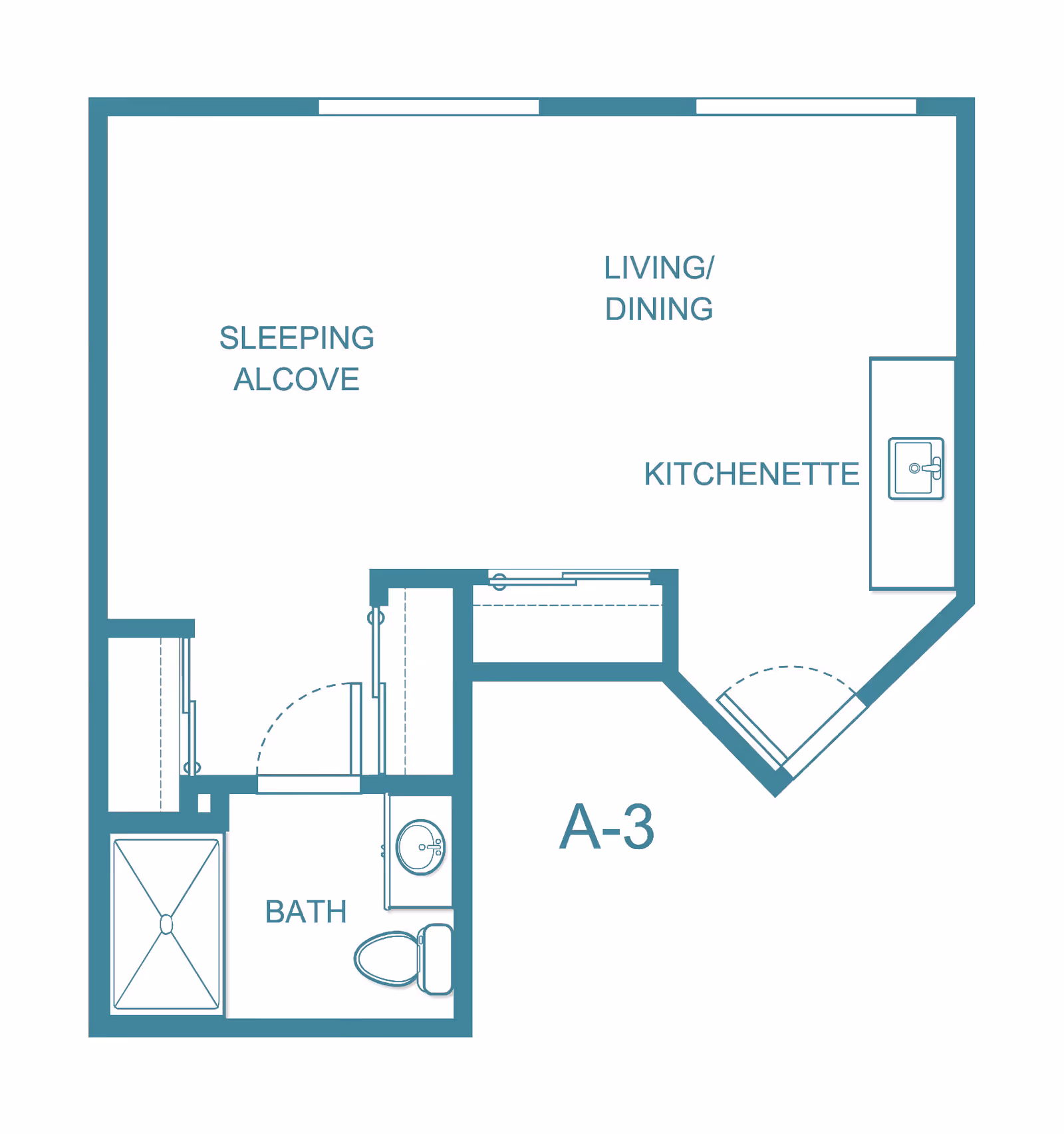 Floor plan layout of a living space labeled A-3, featuring a sleeping alcove, living/dining area, kitchenette, and a bathroom with a shower, toilet, and sink.