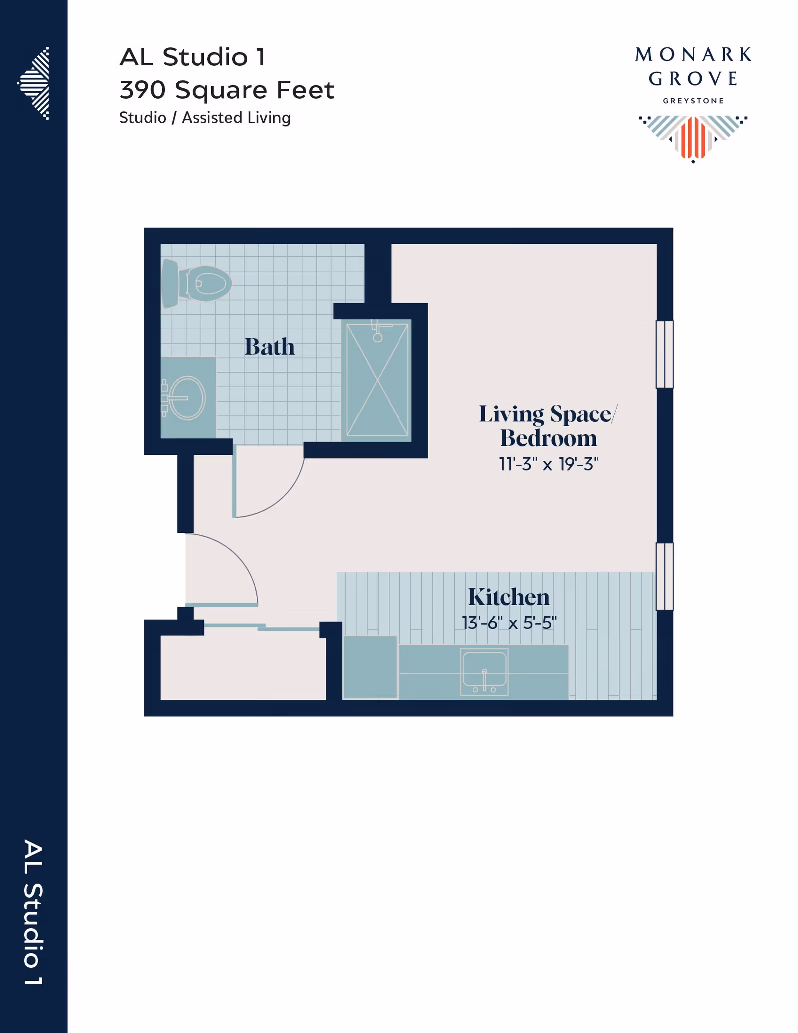 Floor plan of AL Studio 1 at Monark Grove Greystone showing a 390 square feet studio for assisted living. The layout includes a bath with a toilet, sink, and shower, a combined living space and bedroom measuring 11 feet 3 inches by 19 feet 3 inches, and a kitchen area measuring 13 feet 6 inches by 5 feet 5 inches.
