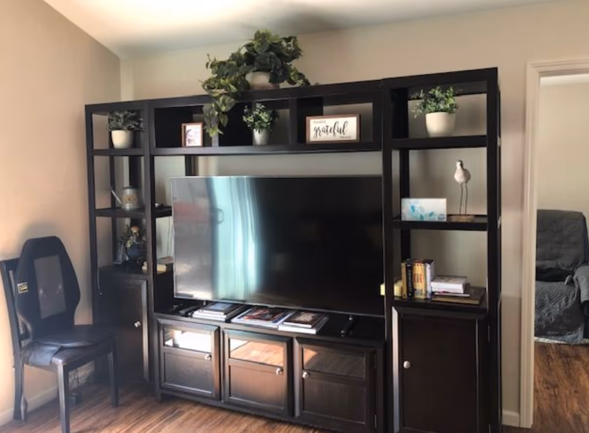 A living room with a large TV set in a dark wood entertainment center flanked by shelving with plants and a chair to the left.