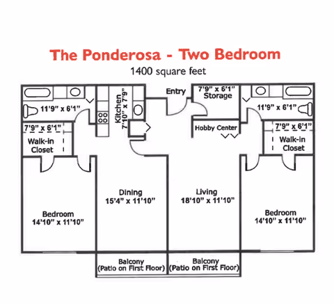 Floor plan of The Ponderosa two-bedroom apartment with 1400 square feet, showing two bedrooms each with walk-in closets and bathrooms, a kitchen, dining area, living room, entry, storage, hobby center, and balconies/patios on the first floor.