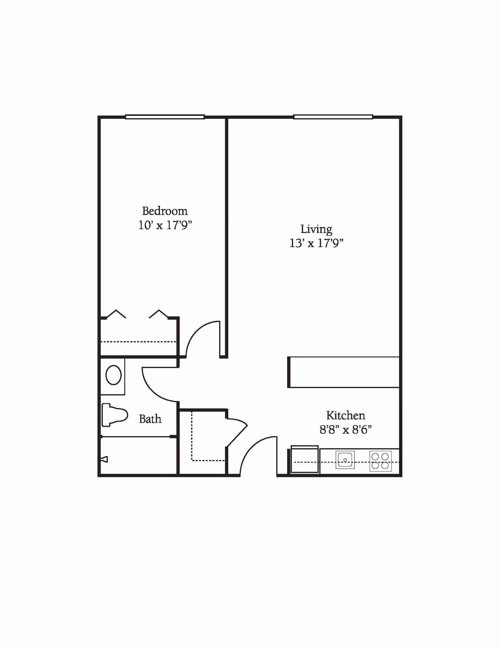Floor plan of a one-bedroom apartment showing a bedroom measuring 10 feet by 17 feet 9 inches, a living room measuring 13 feet by 17 feet 9 inches, a kitchen measuring 8 feet 8 inches by 8 feet 6 inches, and a bathroom.