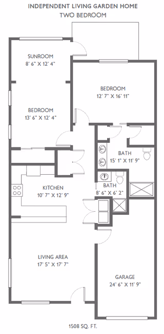 Floor plan of an independent living garden home with two bedrooms, including a sunroom, kitchen, living area, two bathrooms, and a garage. Dimensions for each room are labeled.