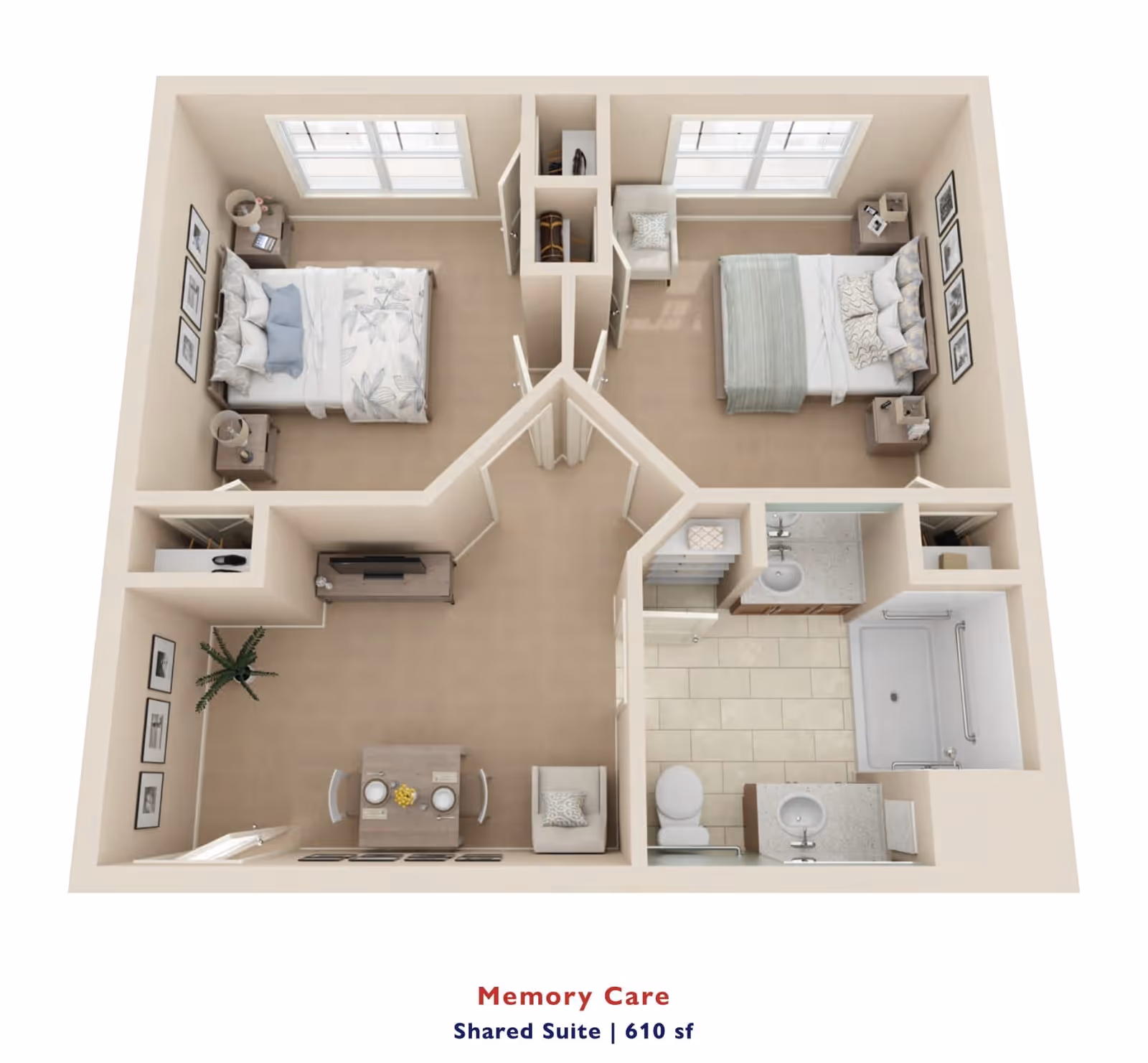 3D floor plan of a memory care shared suite featuring two bedrooms, a shared bathroom with a shower and two sinks, and a common living and dining area with seating and a TV.
