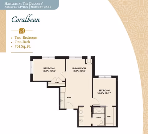 Floor plan drawing of a two-bedroom, one-bath 704 sq ft apartment labeled 'Coralbean' showing bedroom, living room, kitchen and bathroom.