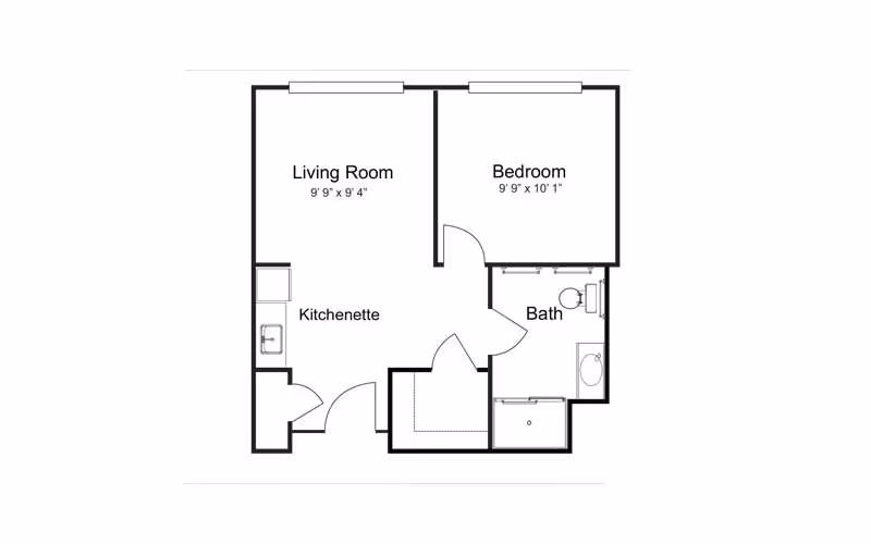Floor plan of a small apartment unit showing a living room measuring 9 feet 9 inches by 9 feet 4 inches, a bedroom measuring 9 feet 9 inches by 10 feet 1 inch, a kitchenette, and a bathroom with a toilet, sink, and bathtub.