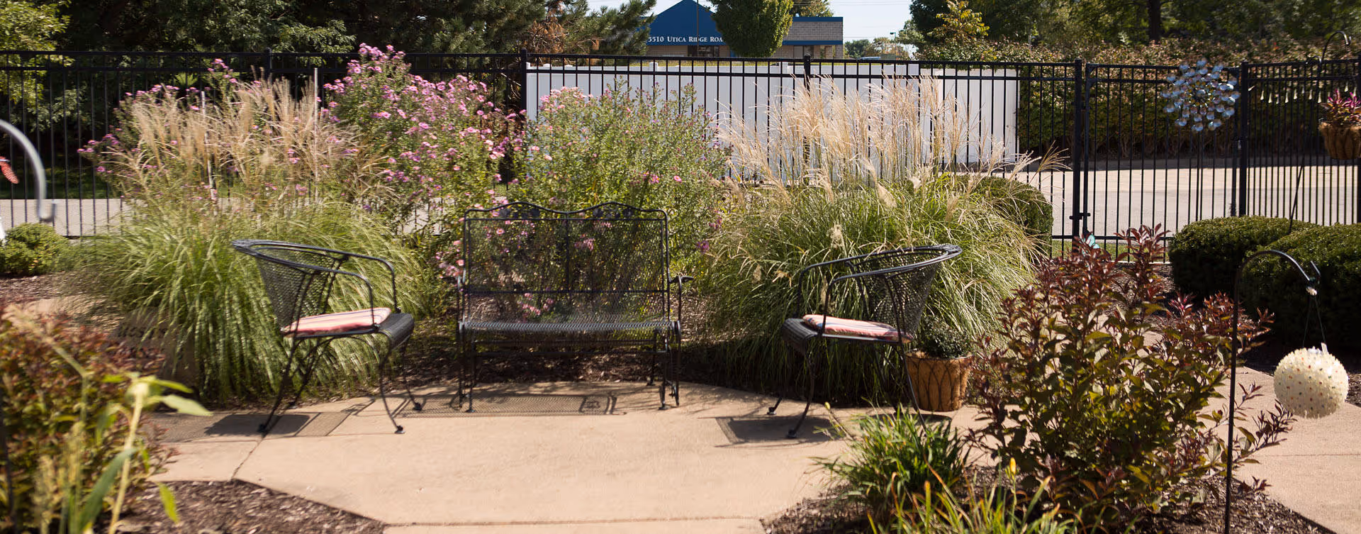 Outdoor patio area with three black metal chairs with cushions arranged around a concrete pathway, surrounded by various green plants, ornamental grasses, and flowering bushes, with a black metal fence and trees in the background.