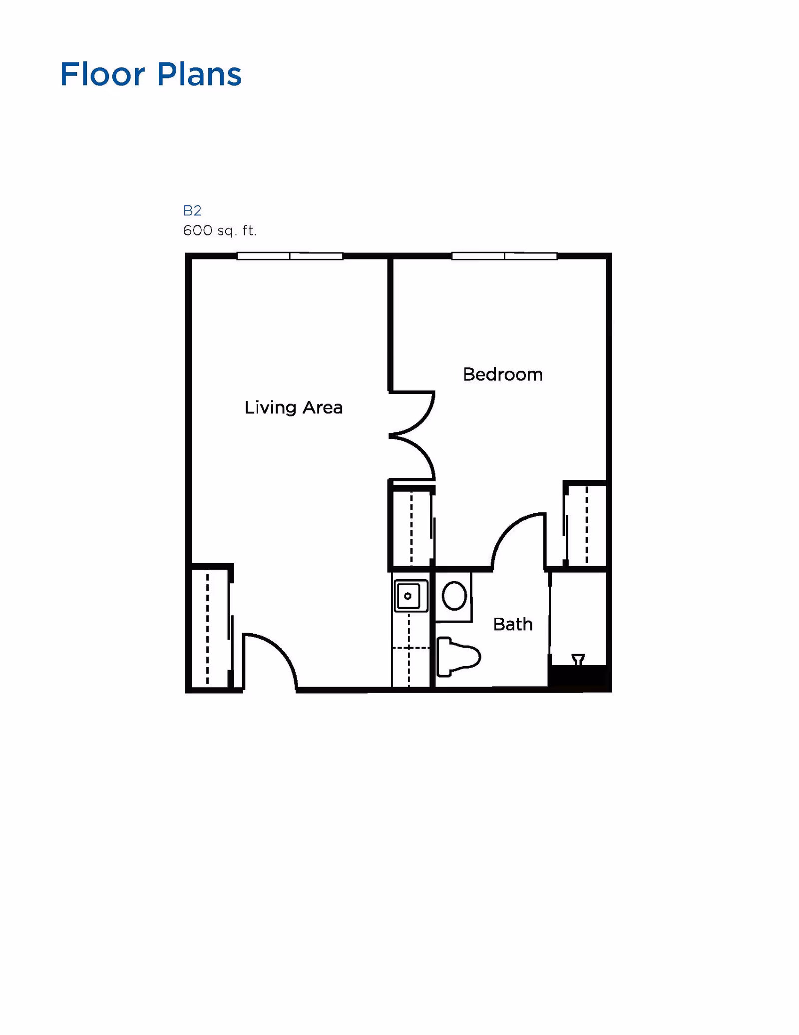 Floor plan of a 600 square feet apartment labeled B2, showing a living area, bedroom, and bathroom with fixtures.