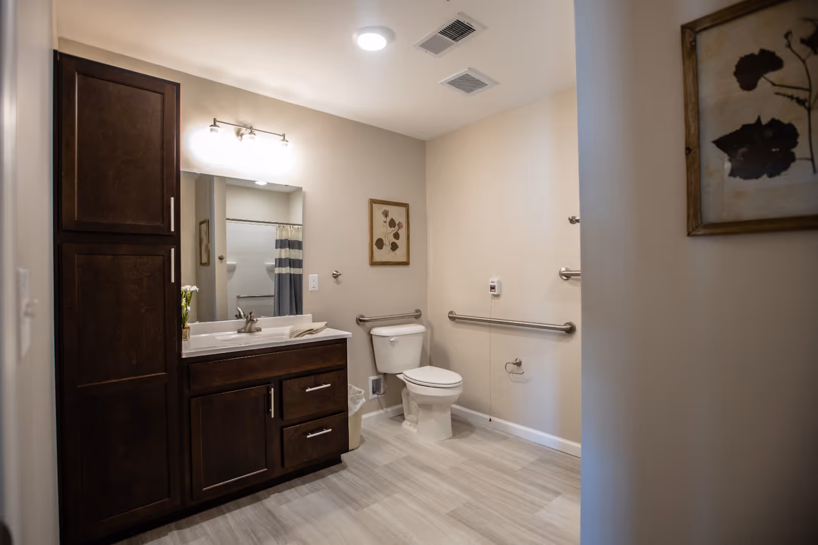 A clean and accessible bathroom with a toilet, grab bars on the walls, a vanity with a sink and dark wood cabinets, a mirror with a light fixture above it, and a shower with a striped curtain in the background. There is a framed floral picture on the wall.