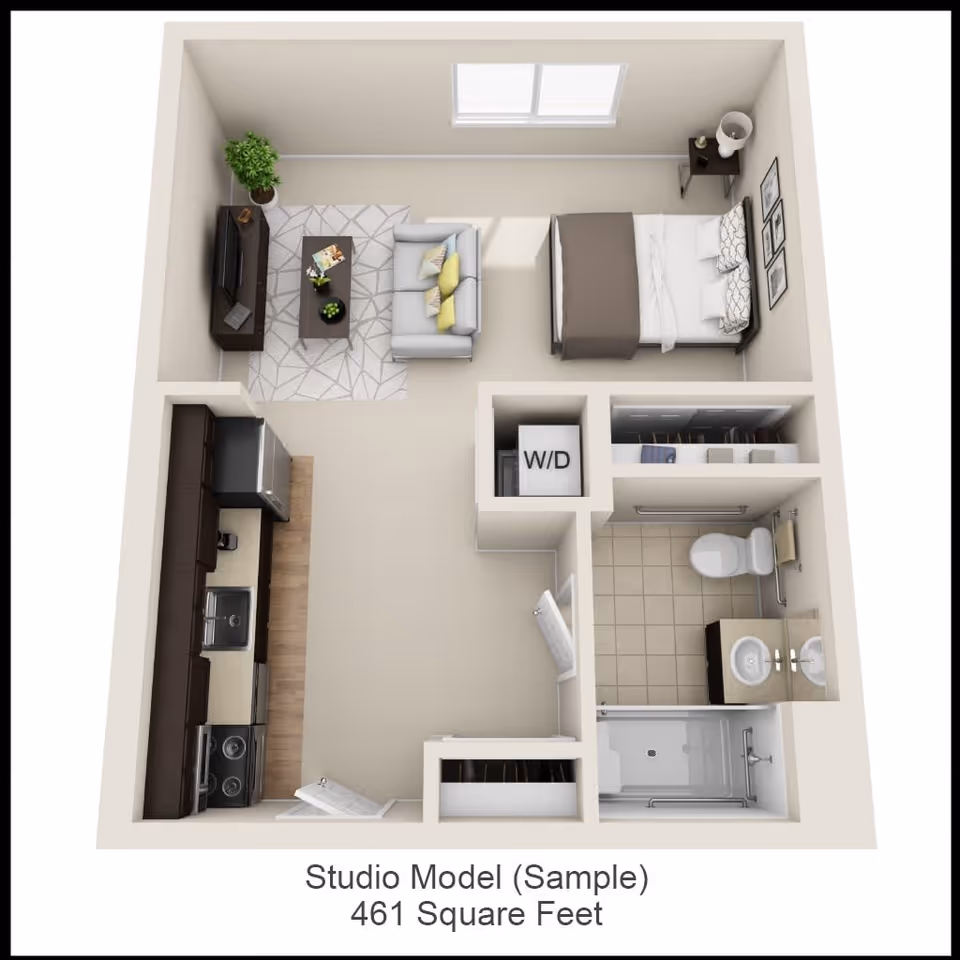 3D floor plan of a studio apartment showing a combined living and sleeping area with a bed, sofa, coffee table, TV stand, and a window. The kitchen is along one wall with appliances and cabinets. There is a bathroom with a shower, toilet, and sink, and a closet with a washer/dryer unit.