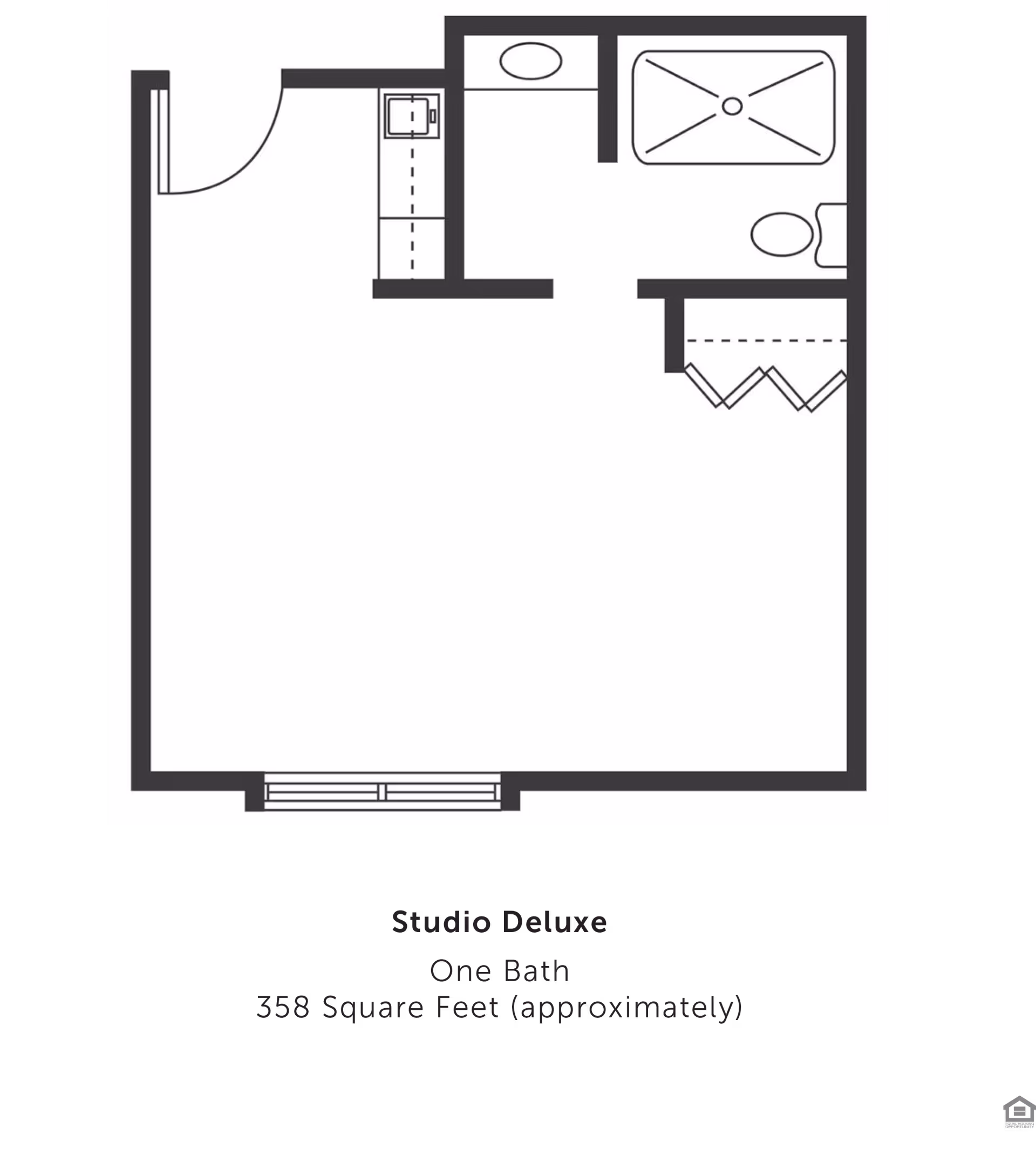 Floor plan of a Studio Deluxe apartment with one bathroom, approximately 358 square feet. The layout includes an entry door leading to a small kitchen area, a bathroom with a bathtub, toilet, and sink, and a main living space with a closet.