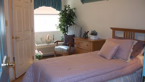 Small furnished bedroom with a single bed, dresser, upholstered armchair, potted plant, and a window with valance.