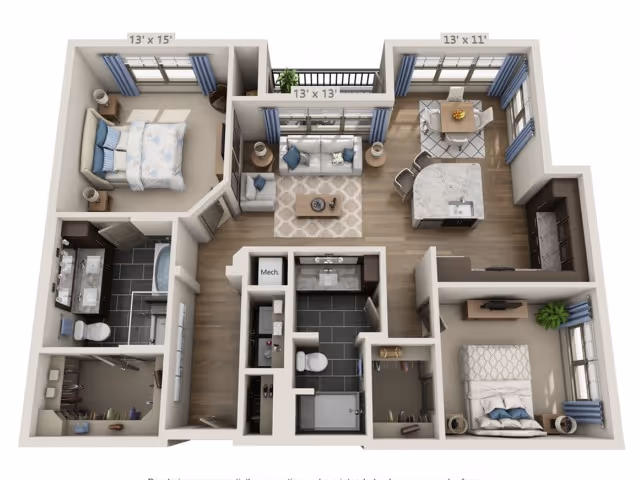 3D floor plan of a two-bedroom apartment featuring a living room with sofa and coffee table, a dining area with a table and chairs, a kitchen with an island, two bedrooms with beds and nightstands, two bathrooms, and closets. The layout includes windows with blue curtains and wood flooring in the living and dining areas.