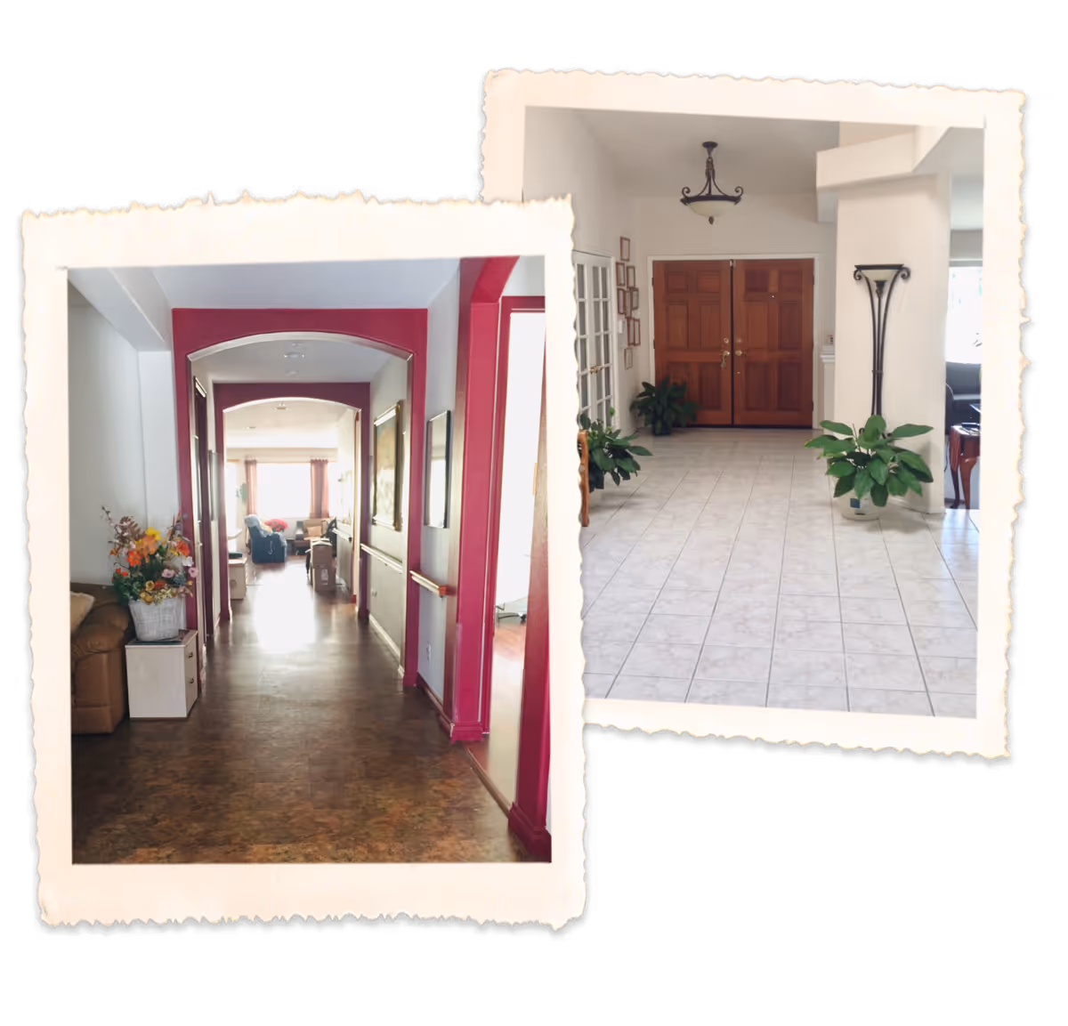 Collage of two interior photos showing a long hallway with archways and seating and a tiled foyer with double wooden doors and potted plants.