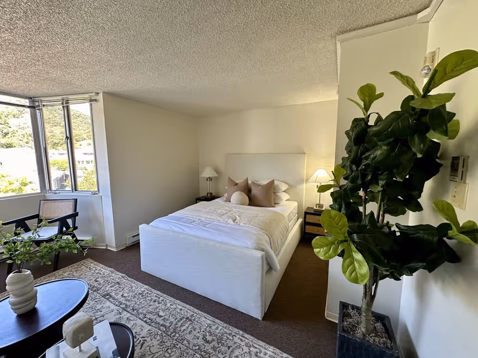 A bright bedroom with a white upholstered bed neatly made with white and beige bedding and pillows. There are two bedside tables with lamps on either side of the bed. A large green potted plant is placed near the entrance. A window with a view of greenery and hills lets in natural light. In the foreground, there is a round table with a white vase holding green foliage and a chair with a woven backrest. The room has light-colored walls and a patterned area rug on the floor.