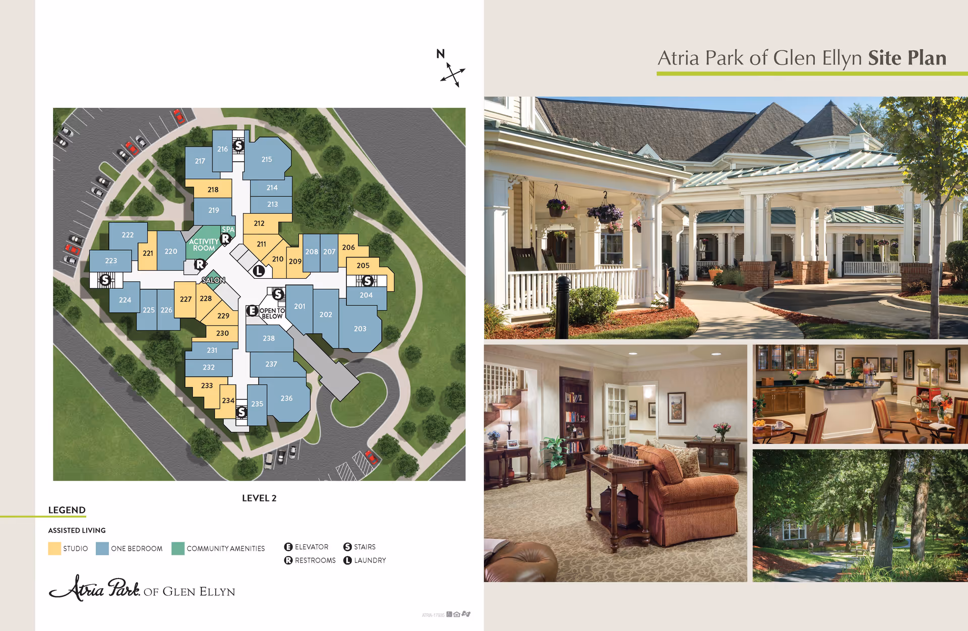 Atria Park of Glen Ellyn site plan showing the layout of level 2 with color-coded assisted living studios, one-bedroom units, and community amenities. The right side features four images: the top image shows the exterior entrance with white columns and hanging flower baskets; the bottom left image shows a cozy living room with a sofa, armchair, and wooden furniture; the bottom middle image shows a dining area with tables and chairs near a kitchen counter; the bottom right image shows a shaded outdoor walking path surrounded by trees.